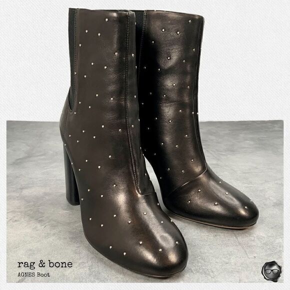 RAG & BONE AGNES STUDDED BLACK LEATHER BOOTS WOMEN’S HIGH HEEL CHELSEA BOOTIES - Picture 4 of 15